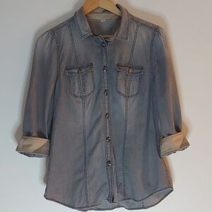 Burberry Brit Gray Chambray Button Down Shirt with Plaid Cuffs Size Large